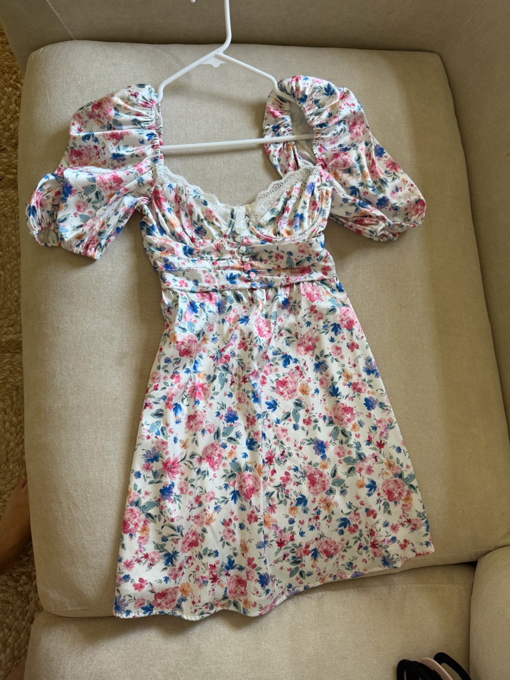 For Love And Lemons Floral Puff-Sleeve Dress — White with Pink & Blue Flowers